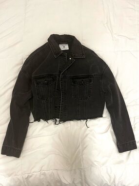 Redial Black Cropped Denim Jacket | Distressed Hem | Size S